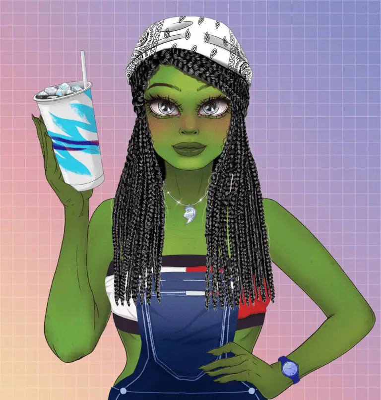 Digital illustration of a woman with green hair and dreadlocks, wearing overalls and a handkerchief, and holding a retro cup.