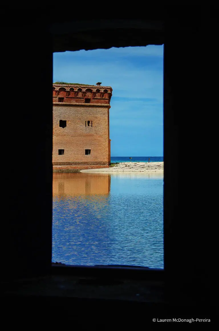 An image of Fort Jefferson of Dry Tortugas National Park shot through a window.