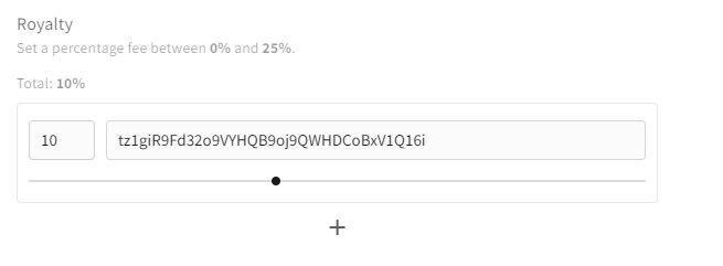 A screen shot of the Objkt.com minting page showing the field fo setting a royalty fee for future resales of your tezos NFT