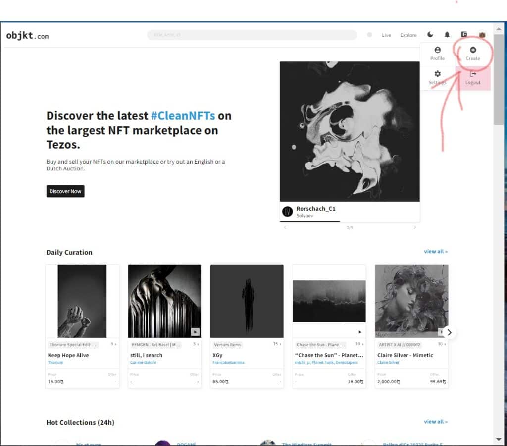 A screen shot of the Objkt.com homepage. The navigation menu in the right corner is open and a red arrow points to the "create" button. 