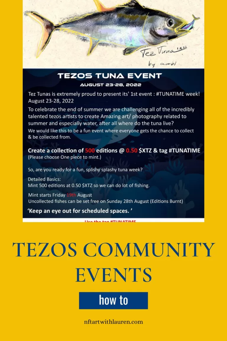 A Pinterest graphic featuring a flyer advertising a Tezos Community event for NFT Artists