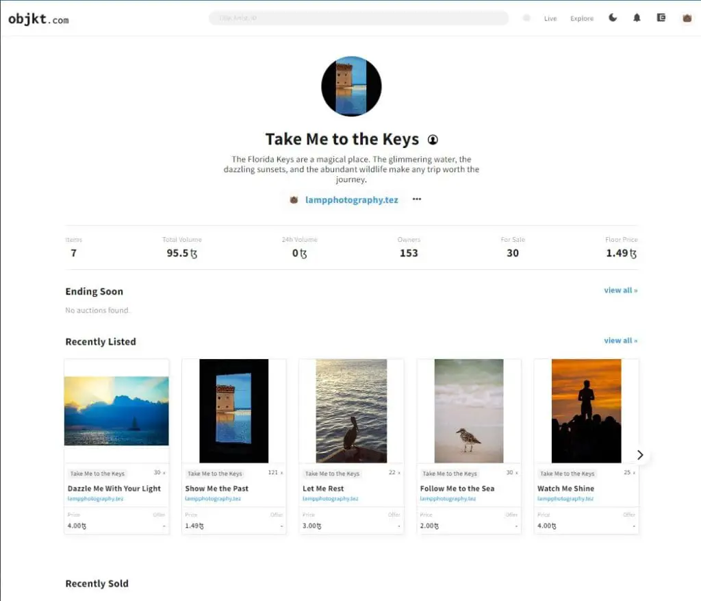 A screenshot from Objkt.com showing a Tezos NFT collection called "Take Me to the Keys". Five photographs are displayed. Each shows a tropical, beachy image from the Florida Keys. 