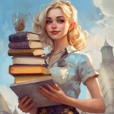 A blonde cartoon student carries a large stack of books with a cup of tea on top.