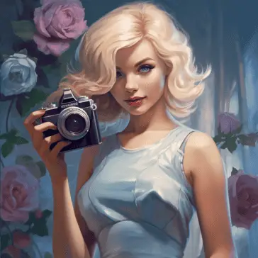 A sexy blonde cartoon woman is holding a camera.