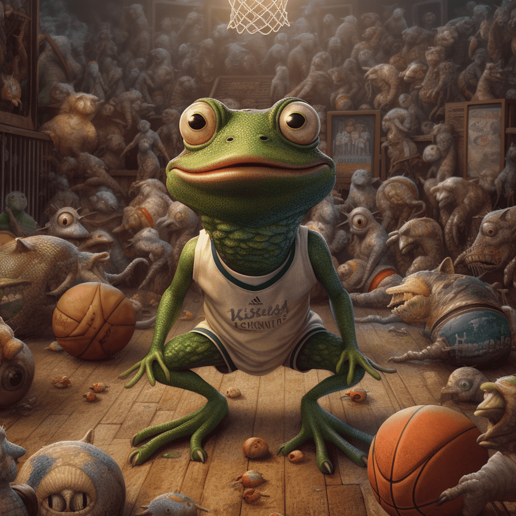 An AI image of a frog wearing a basketball jersey surrounded by a gruesome scene of mayhem.