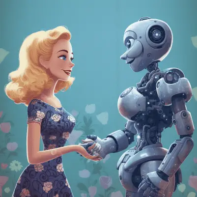 An AI-generated image of a cartoon blonde woman shaking hands with a friendly robot.