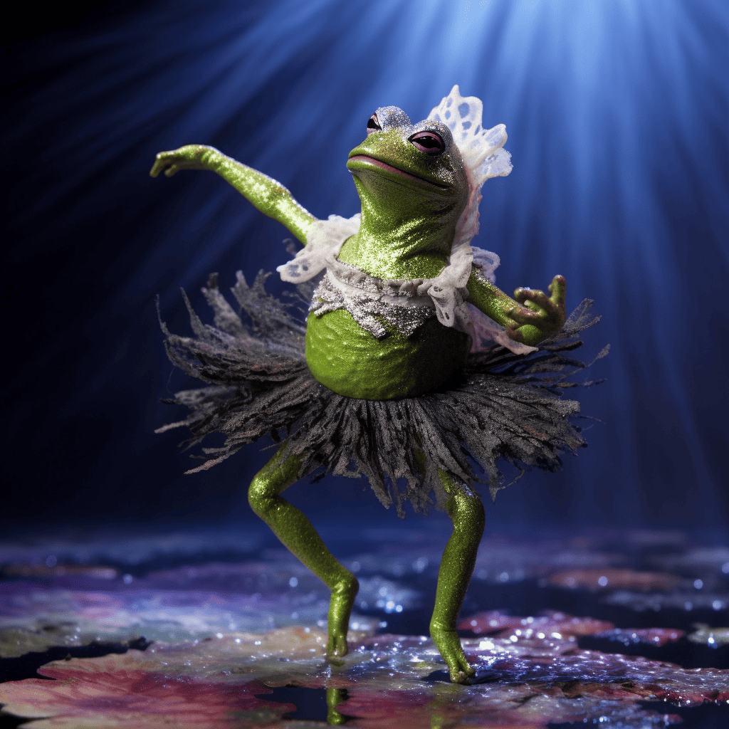 An AI frog on stage wearing a tutu and doing ballet.