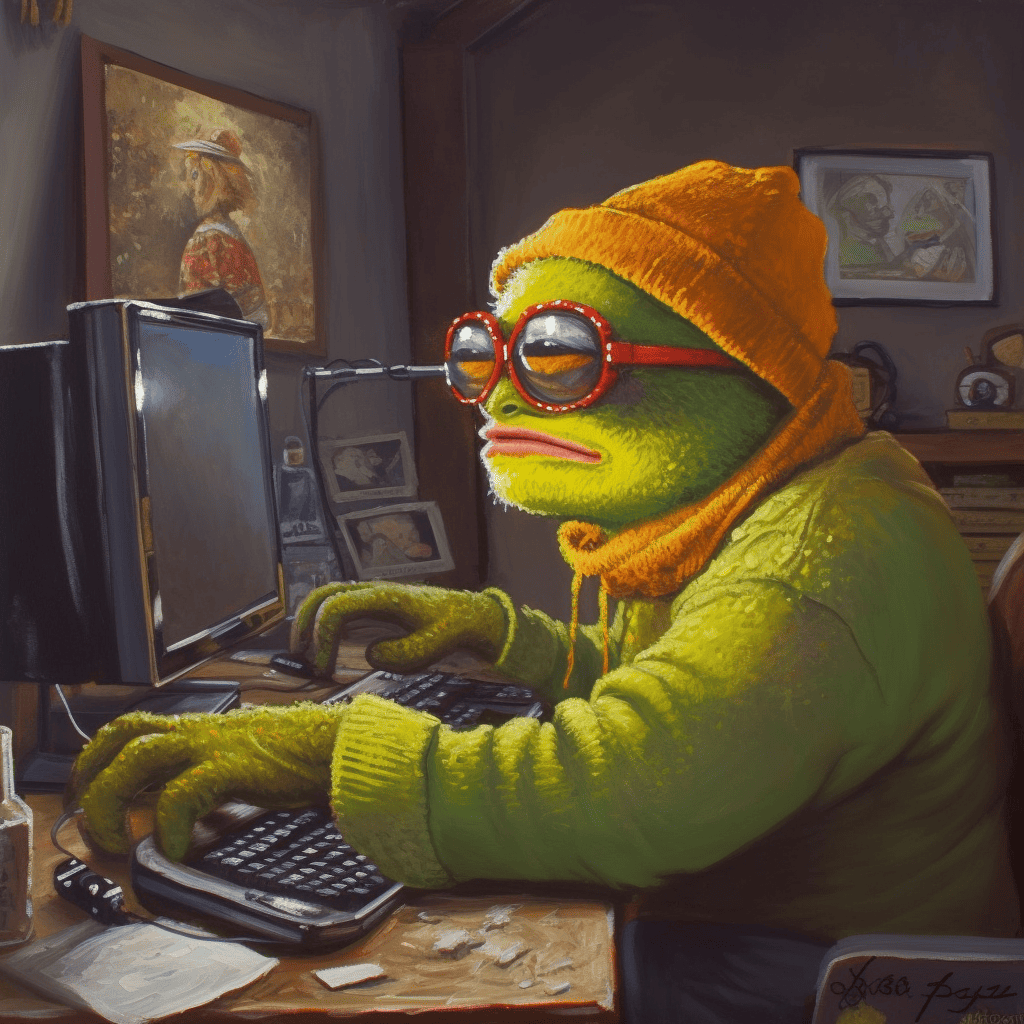 An AI image of a frog coding at a computer.