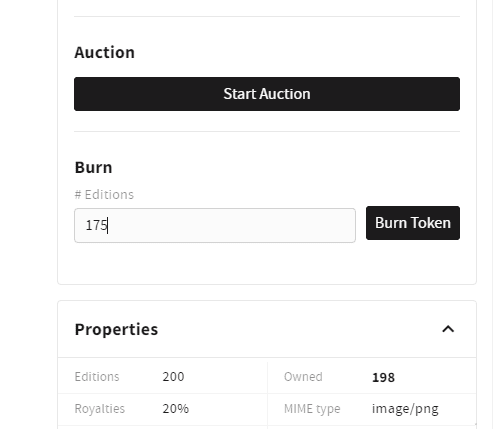 A screen shot of the command to burn a token on Objkt.com.