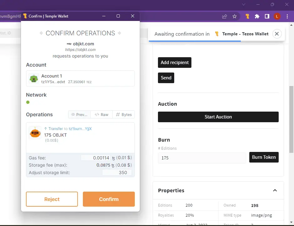A screenshot showing a Temple cryptocurrency wallet waiting for the owner to confirm a transaction to burn Tezos NFT editions.