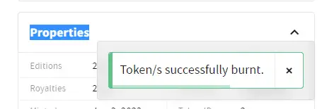 A screenshot showing an Objkt.com pop up saying that a token has been successfully burnt.