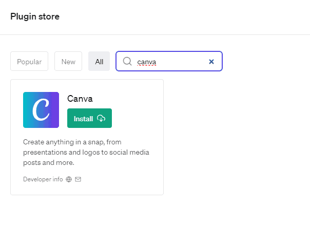 A screenshot showing the Canva plugin in the ChatGPT store