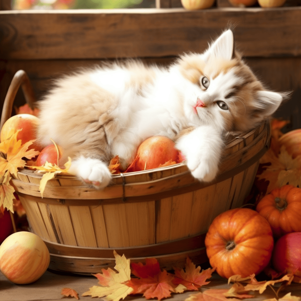 An AI generated fauxtograph of a white and orange cat posing in an Autumn basket of leaves and pumpkins. 