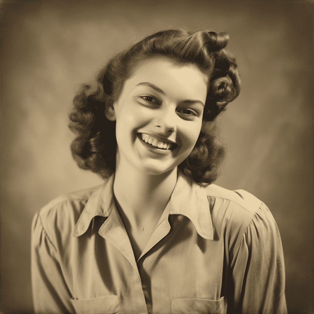 An AI-generated faux-photograph of a woman posing for a formal portrait in the 1950s