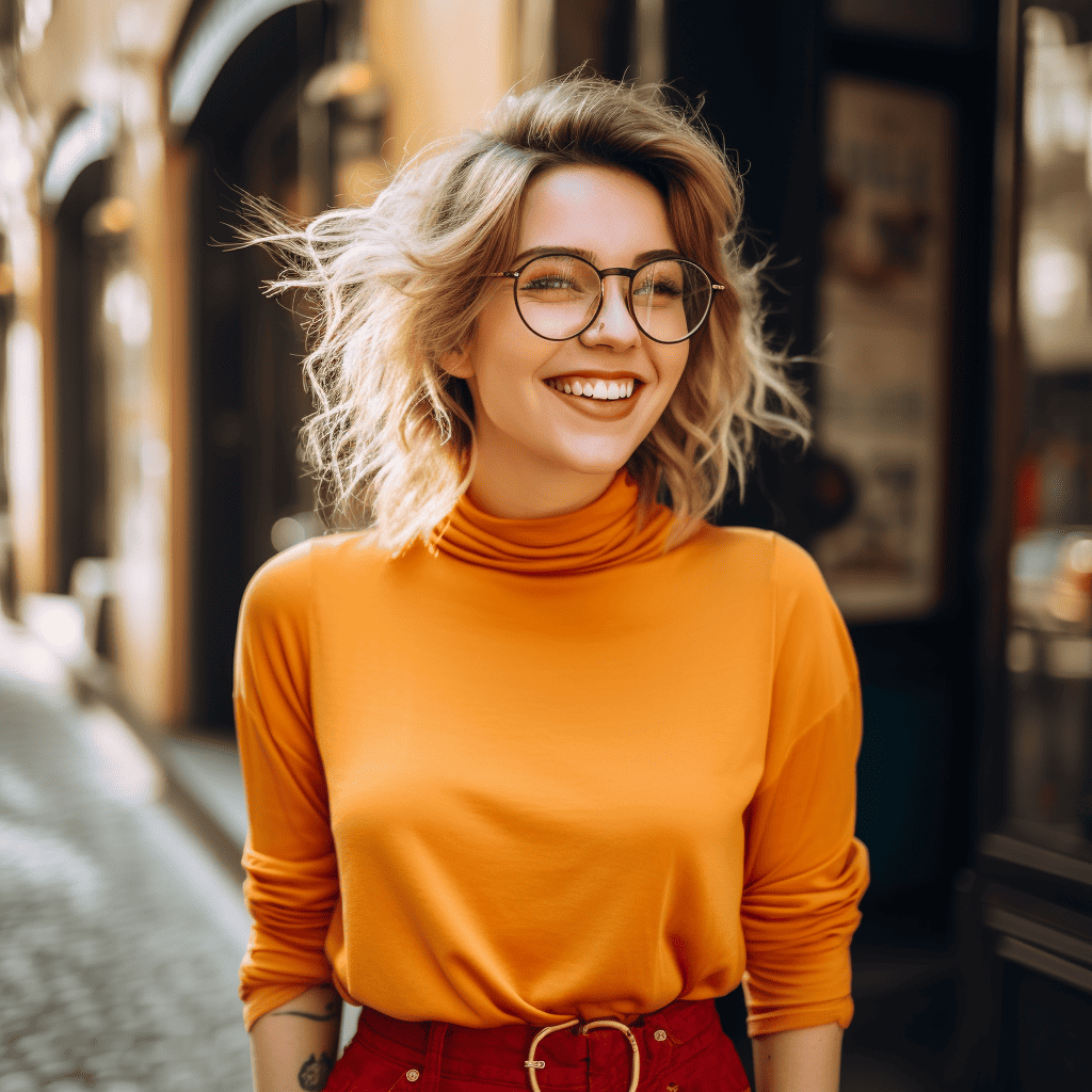 An Instagram style AI-generated photograph of a smiling woman wearing glasses. 