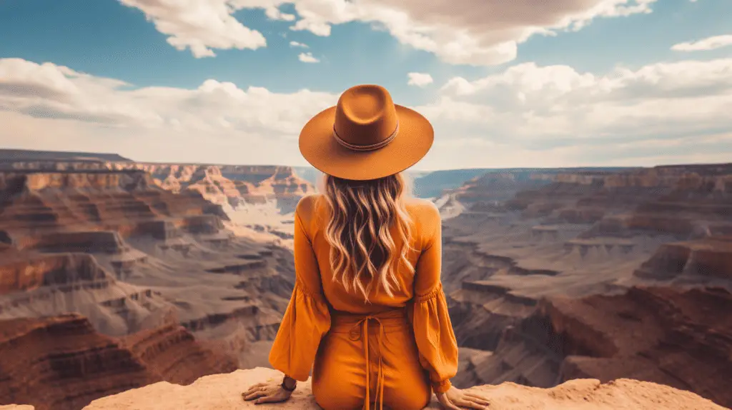 A faux-photograph of a woman sitting at the edge of the Grand Canyon. 