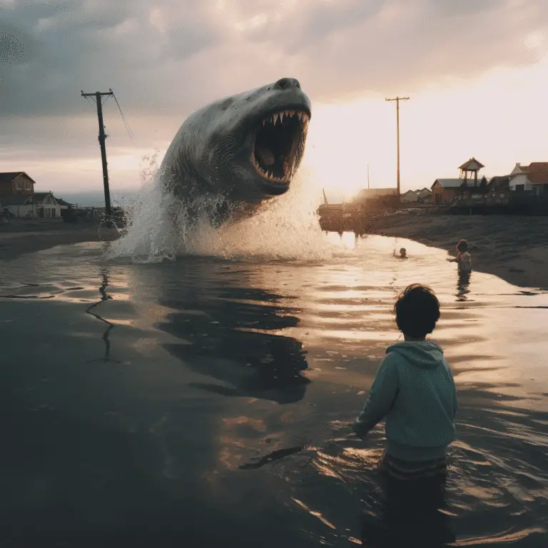 An absurd AI fauxtograph of a shark jumping out of the water on a flooded street while a small boy looks on.