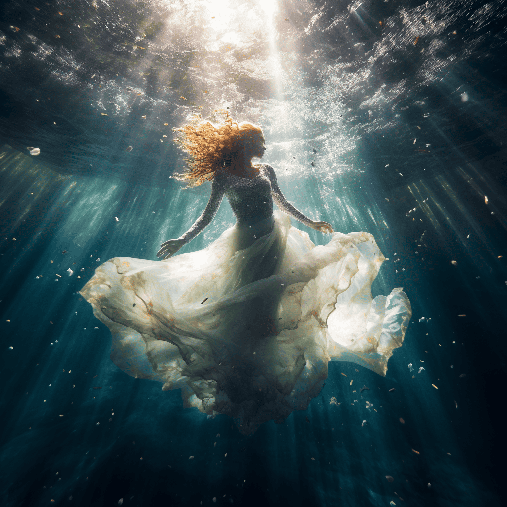 An underwater AI fauxtographic of a woman gracefully sinking in water. 