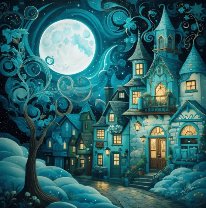 A digital illustration of the moon and a village.