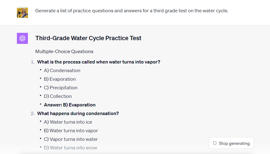 A screenshot showing a ChatGPT user conversation that is requesting a set of multiple choice questions from the AI.