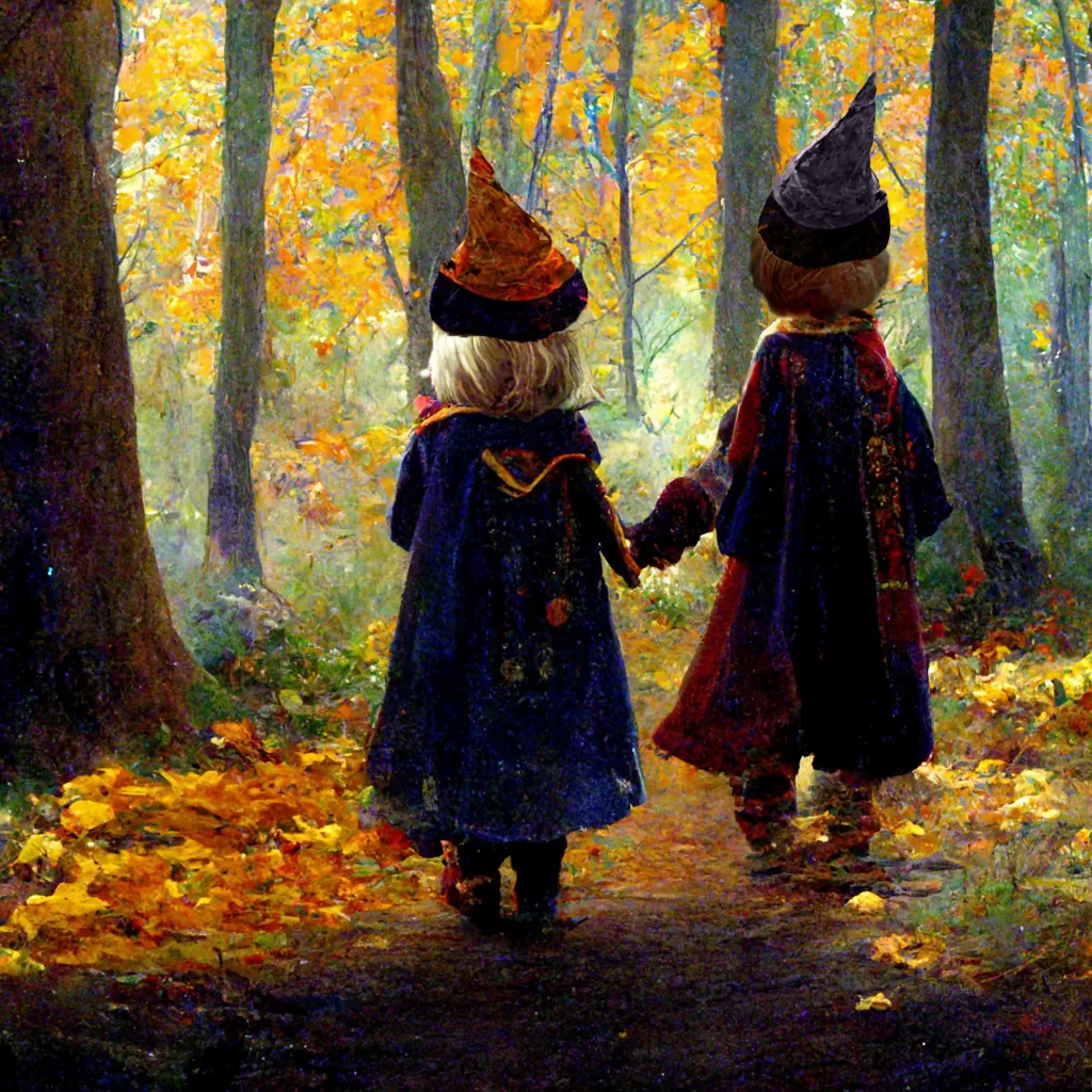 An AI image of children dressed as wizards walking through the woods.