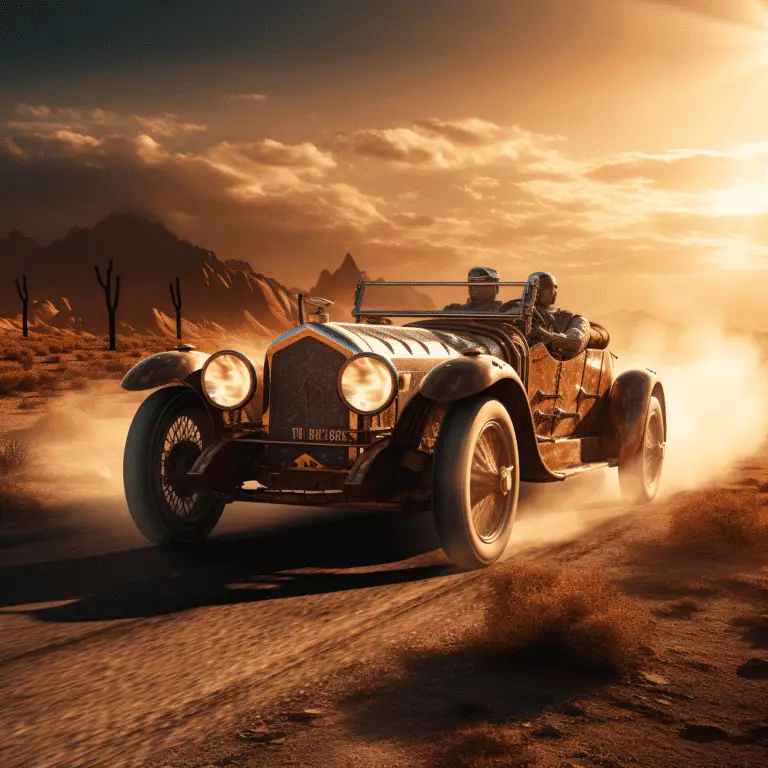 An AI image of A high contrast, dramatic lighting scene of a vintage car racing through a desert