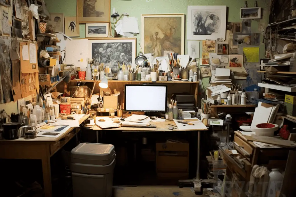 An AI-generated image of an artist's overcrowded workspace.