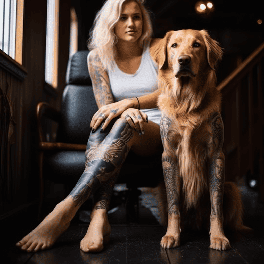 An AI-generated image of a woman and her dog with matching leg tattoos.