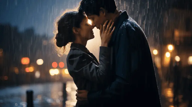 An AI image of A photographic still from a movie, dramatic lighting, a couple kisses in the rain in Paris