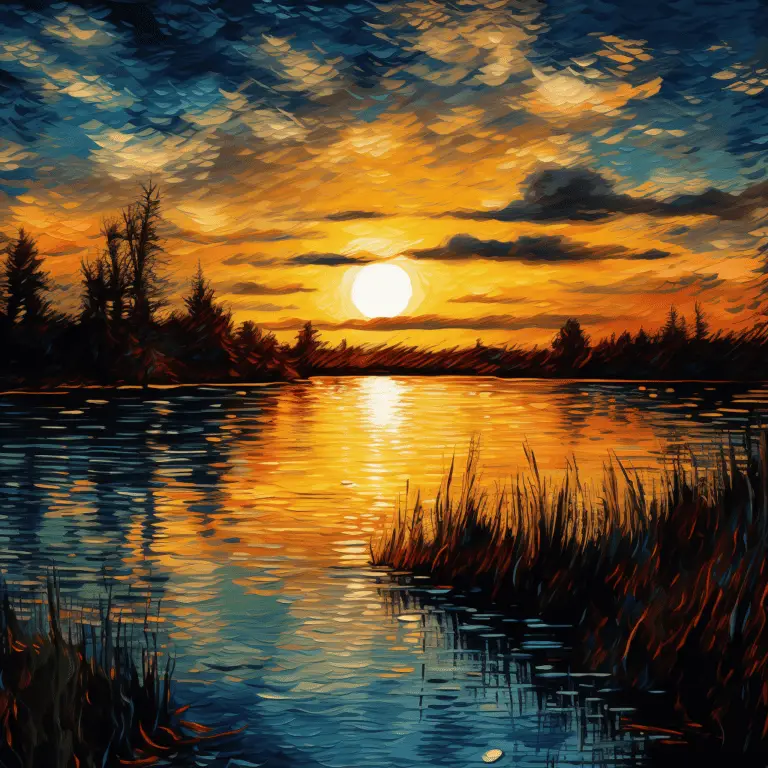 An AI-generated image of "A serene sunset over a calm lake in the style of Vincent Van Gogh"