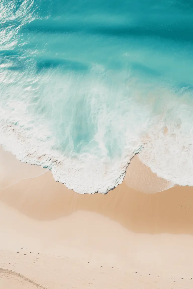 An Ai image of Drone photography of an empty tropical beach with white sand and gentle turquoise waves