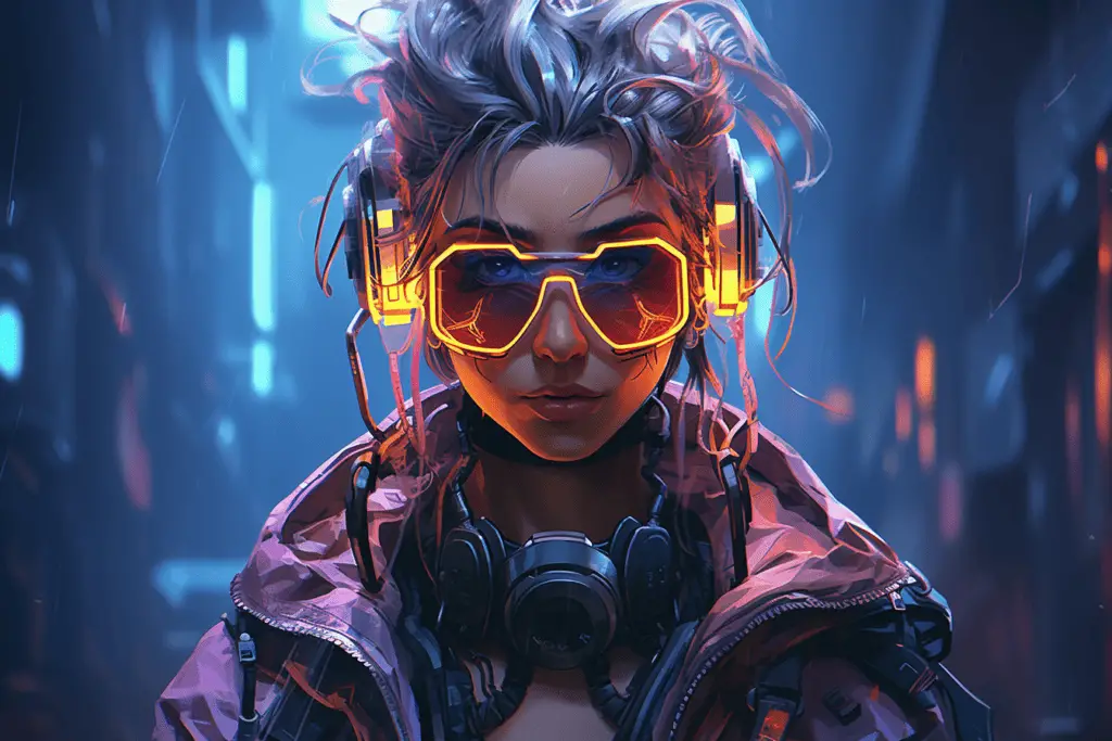 Create a cyberpunk anime character with neon accents and futuristic goggles