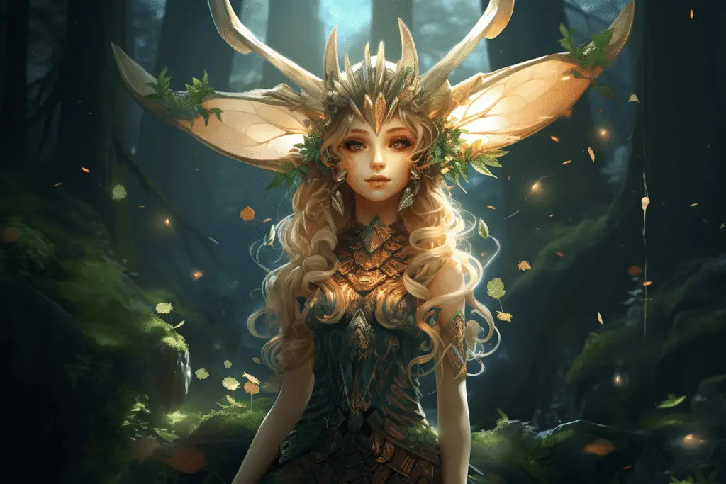 a mystical anime elf with long ears and forest-inspired attire