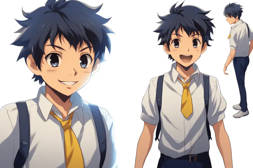 a classic high school anime protagonist with a cheerful expression