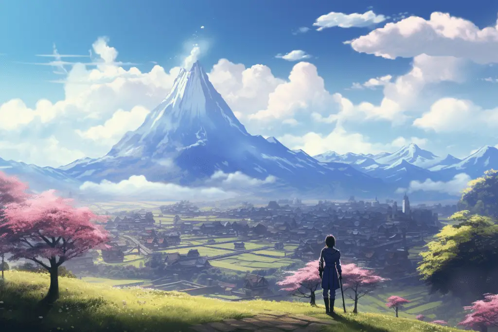 Visualize a gentle anime giant with a peaceful village in the background