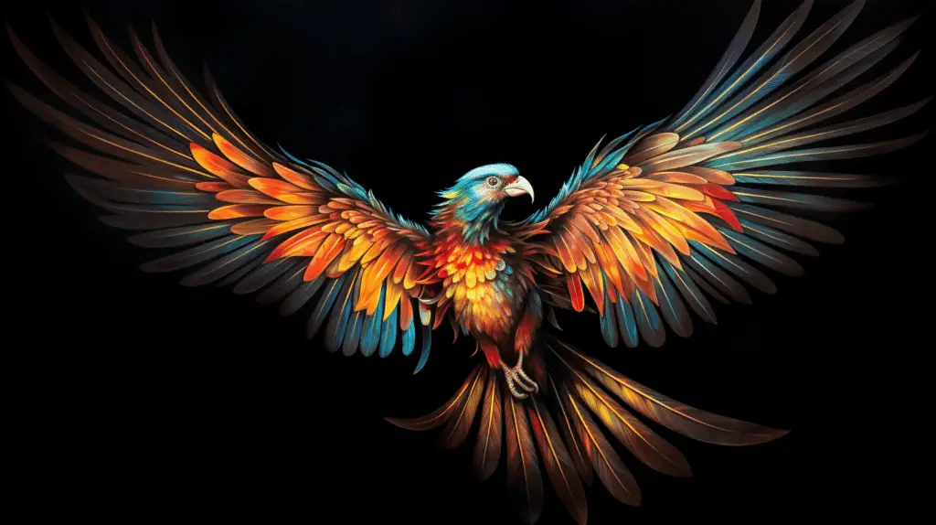Prompt: A colored pencil drawing on a black background of a colorful bird in flight, its wings illuminated by sunlight against a dark backdrop --ar 3:2