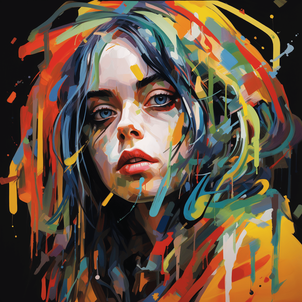 An abstract portrait of Billie Eilish, capturing the emotional depth of her music, with swirling colors and fragmented geometric shapes conveying a sense of introspection and complexity.