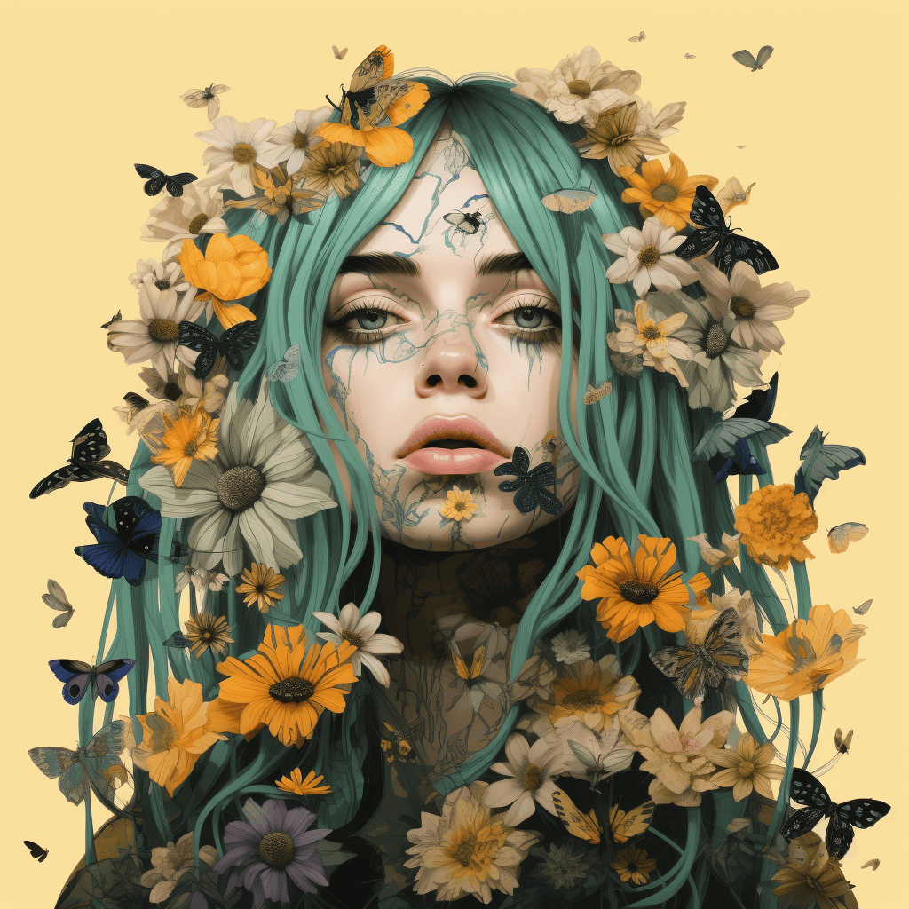 
Create an image of Billie Eilish where she becomes one with nature, her body transforming into a cascade of flowers and vines, symbolizing growth and renewal, inspired by the themes in her album 'Happier Than Ever'.