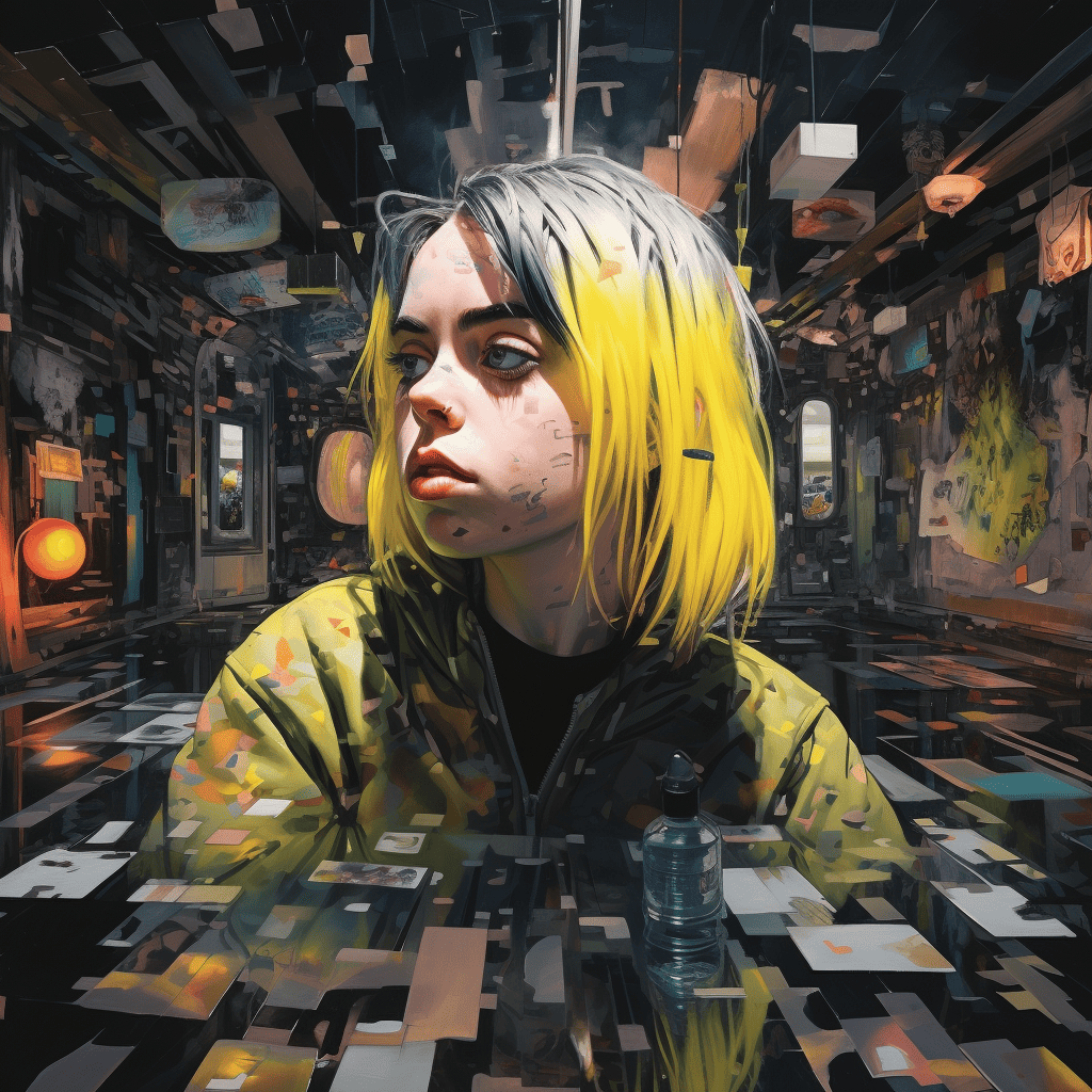 
"Depict Billie Eilish in a mirror-filled room where each reflection shows a different aspect of her personality and artistry, some reflections showing abstract, fragmented forms to represent the complexity of her character and music."