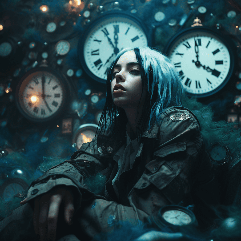 
"Envision a scene where Billie Eilish is walking through a surreal landscape that bends time and space, with clocks melting and floating around her, capturing the timeless and transcendent quality of her songs like 'Everything I Wanted'."