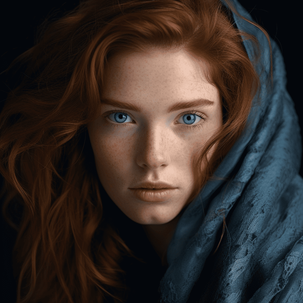 Prompt: Grace's photorealistic portrait photography unveils her captivating persona in her mid-30s, emphasizing her stunning blue eyes and chestnut hair.