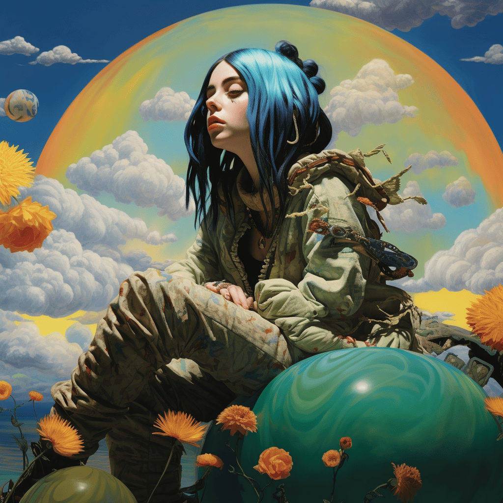 
Imagine Billie Eilish in a whimsical, surrealist setting, sitting on a giant, floating lotus in a sea of clouds, with colorful, surreal creatures from her imagination flying around, echoing the playful yet introspective nature of her music.