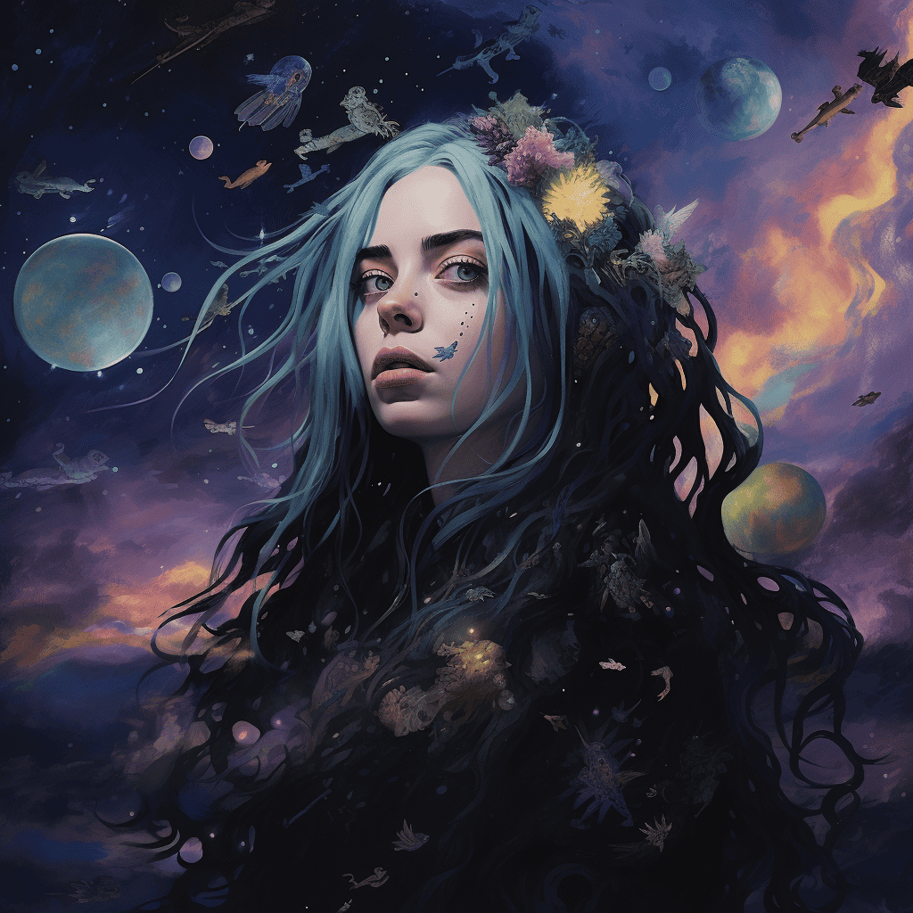 
Visualize Billie Eilish in a surreal, cosmic dreamscape, where she's floating amidst galaxies and stars, her flowing hair merging with the nebulae, capturing the ethereal essence of her song 'When the Party’s Over'.