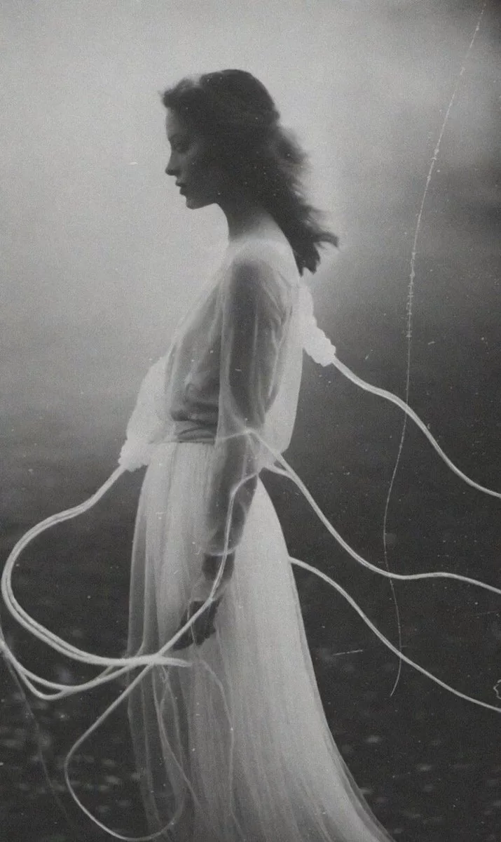 A vintage AI fauxtograph of woman in a white dress.