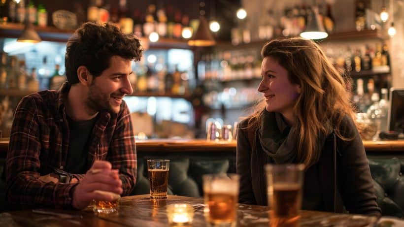 photography, a man and a woman having a conversation over drinks in a trendy bar