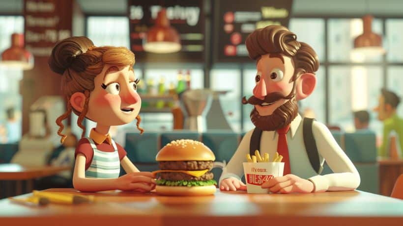 two cartoon characters having a conversation in a fast food restuaraunt