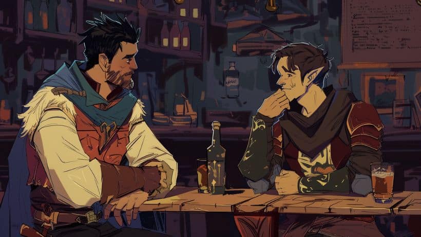 Two Dungeons and Dragons characters having a conversation in a medieval tavern