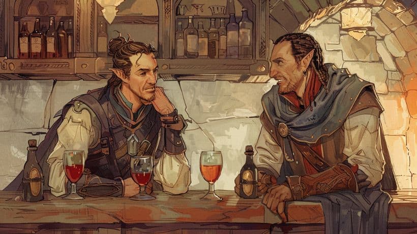 Two Dungeons and Dragons characters having a conversation in a medieval tavern