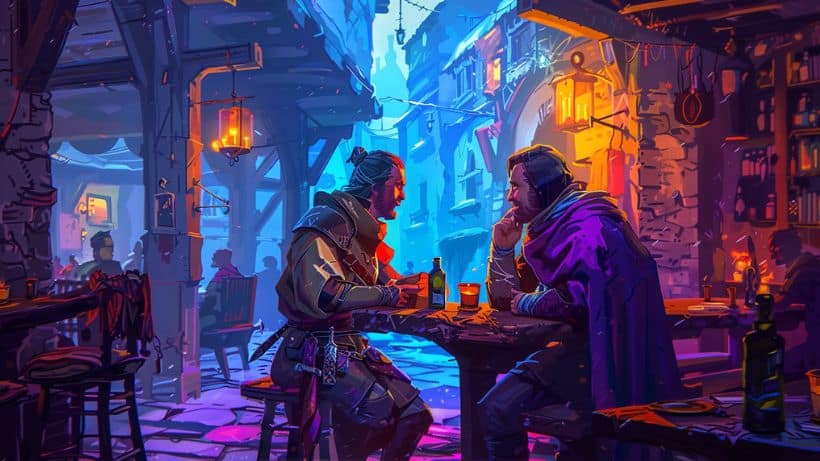 Two Dungeons and Dragons characters having a conversation in a medieval tavern