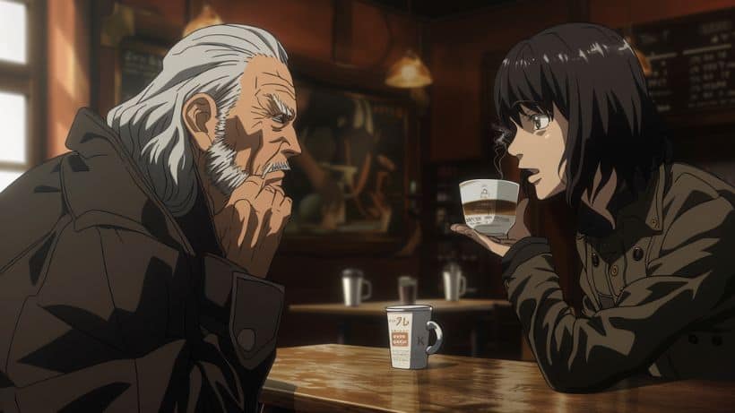 a still from an anime showing two characters having a conversation over coffee